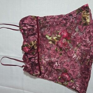 Papaya Pink and Green Lace Sheer Camisole Mesh Top